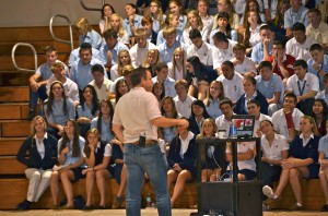 Jim West teaching students how to Roll with Teasing during a Bullying Assembly at High School