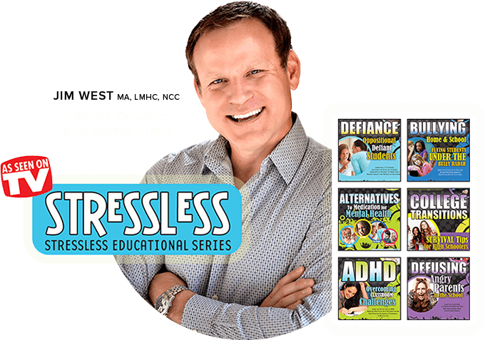 Jim West surrounded by StressLess Educational Series logo , product images and As Seen on TV logo