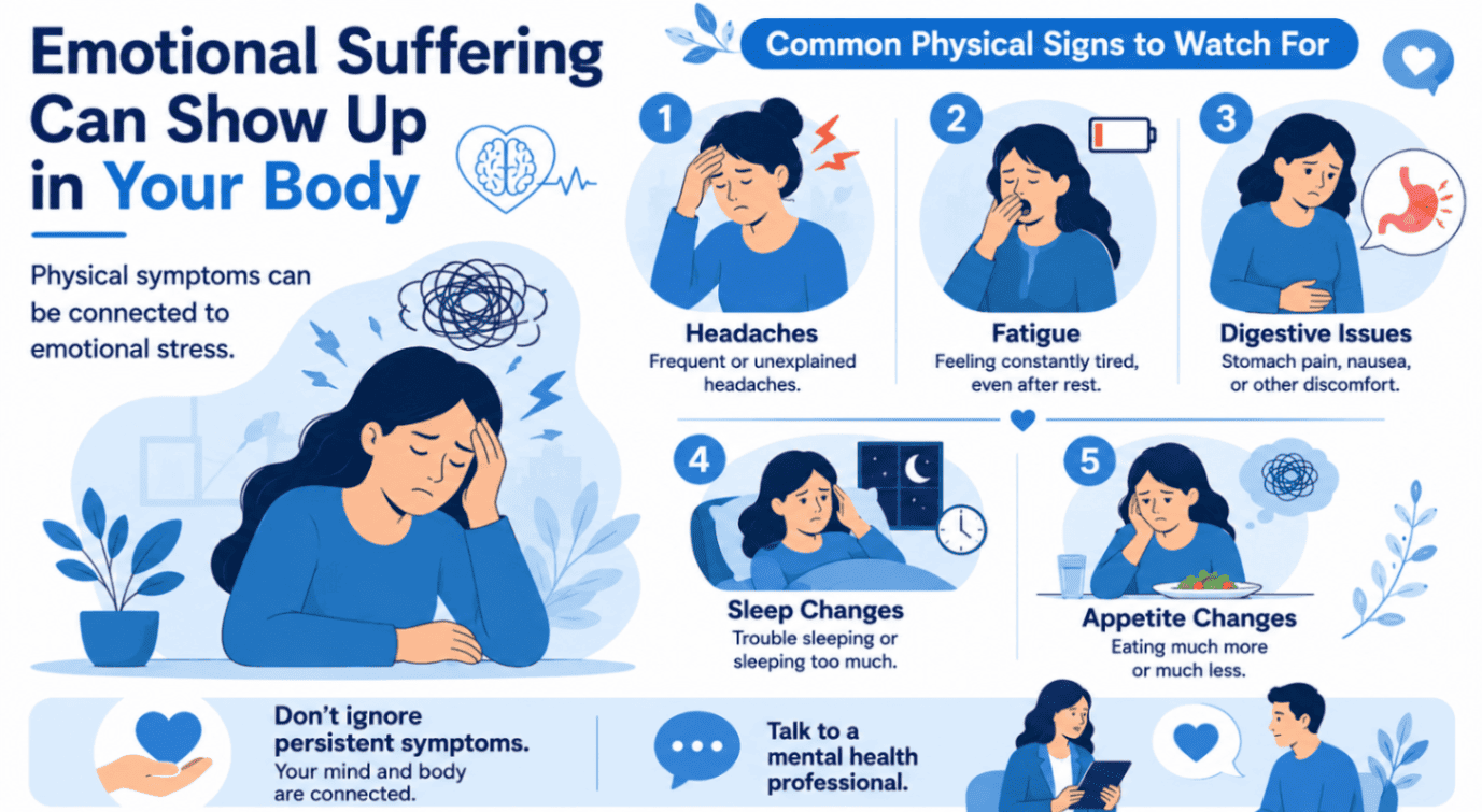 Could Physical Symptoms Also Signal Emotional Suffering_ 1 - Total Life Counseling for Children, Teens, Adolescents and Adults in Orlando Winter Park Clermont Lake Mary and Central Florida - Total Life Counseling for Children, Teens, Adolescents and Adults in Orlando Winter Park Clermont Lake Mary and Central Florida Illustration showing physical symptoms of emotional suffering, including headaches, fatigue, digestive issues, sleep changes, and appetite changes.