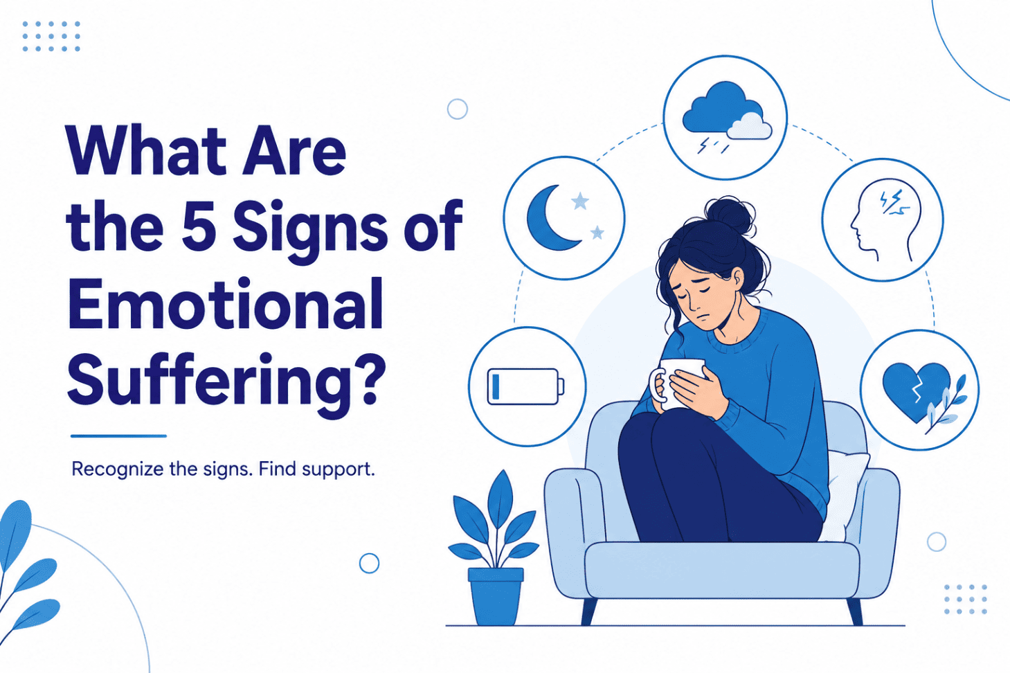 Illustration about recognizing emotional suffering: a sad person on a sofa with icons representing signs (sleep issues, headaches, low energy, heartbreak, storms) and the header 'What Are the 5 Signs of Emotional Suffering?'