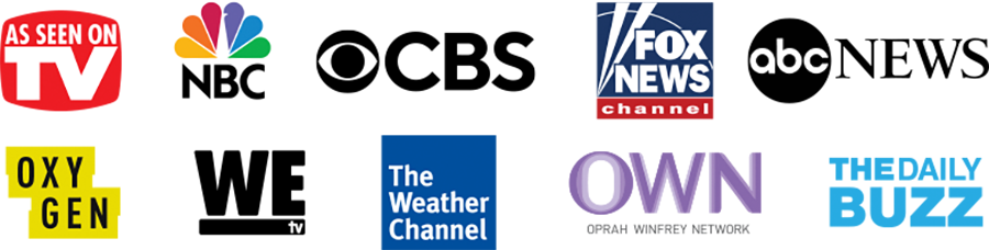 Total Life Counseling as seen on television: Network logos for NBC, CBS, Fox News Channel, ABC News, Oxygen, WE TV, The Weather Channel, OWN, and The Daily Buzz