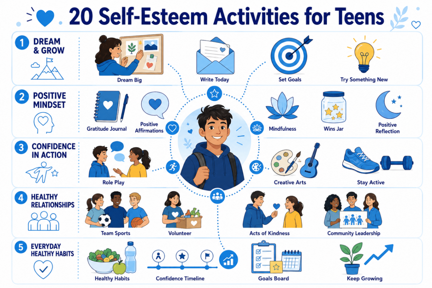 Infographic showcasing 20 self esteem activities for teens - Total Life Counseling for Children, Teens, Adolescents and Adults in Orlando Winter Park Clermont Lake Mary and Central Florida - Total Life Counseling for Children, Teens, Adolescents and Adults in Orlando Winter Park Clermont Lake Mary and Central Florida Infographic showcasing 20 self esteem activities for teens