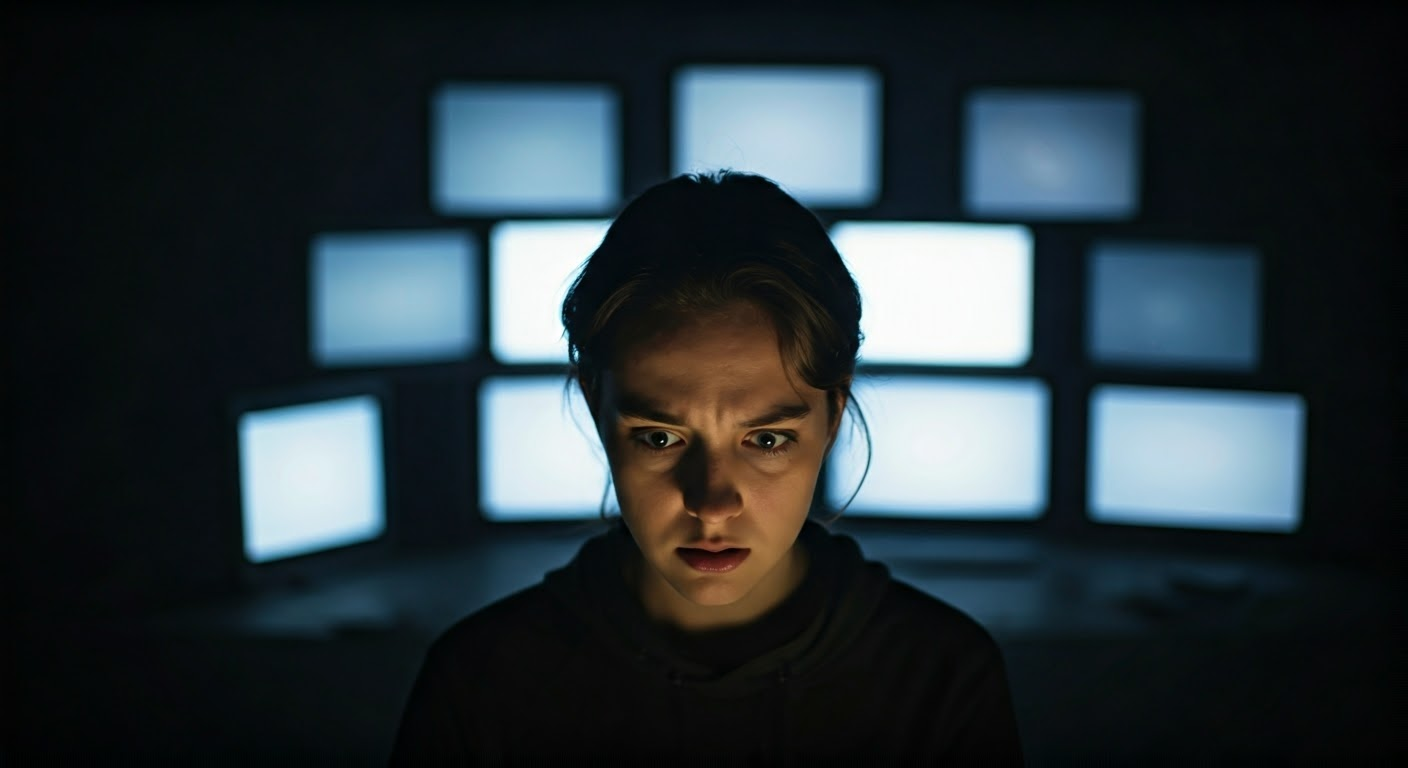Person overwhelmed by digital screens and calling total life counseling for help.