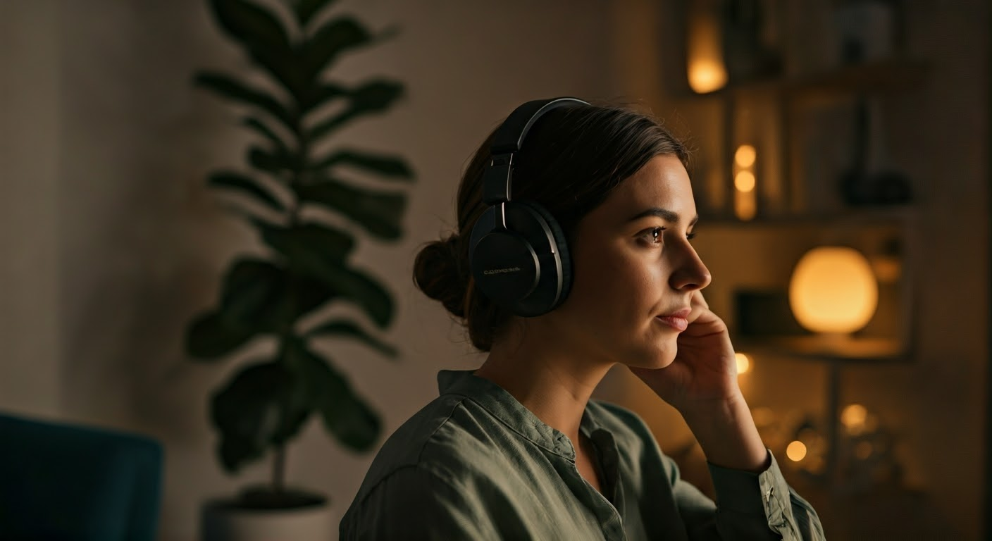 Person in calm room with headphones.