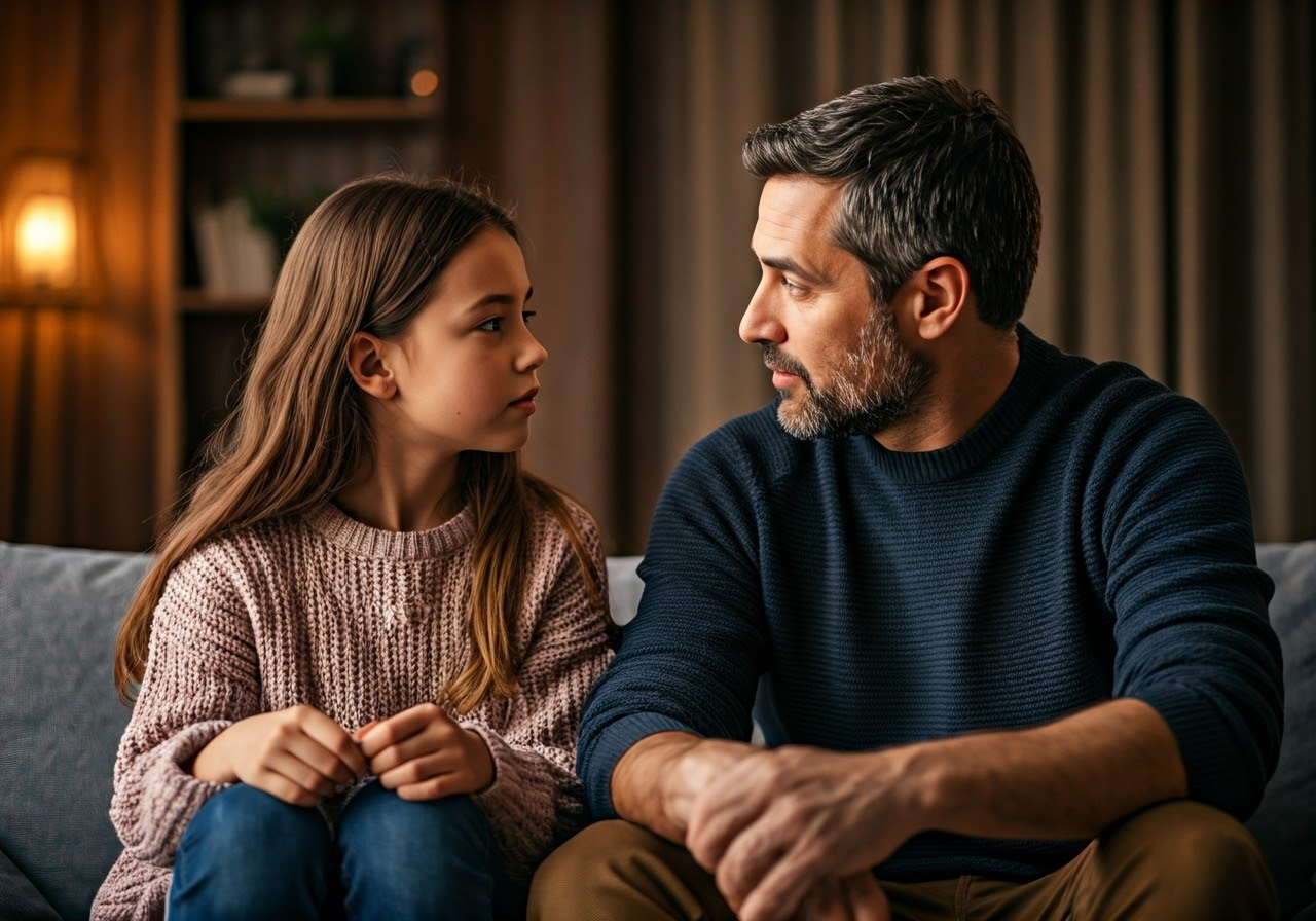 Dad actively listening to daughter like he learned from Total Life Counseling