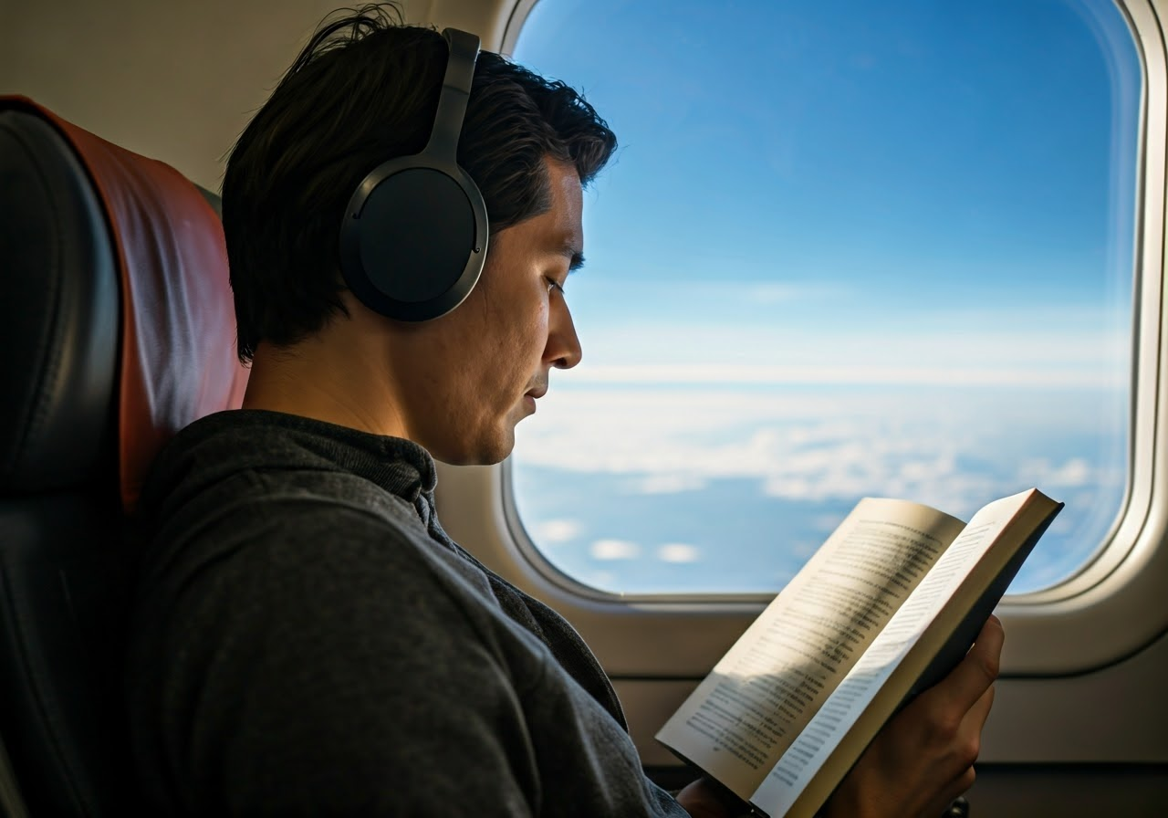 Traveler using headphones on flight.