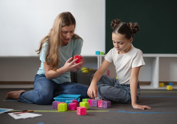 Female Play therapist helping a girl with mental health issues at Total Life Counseling Center Dallas Texas.