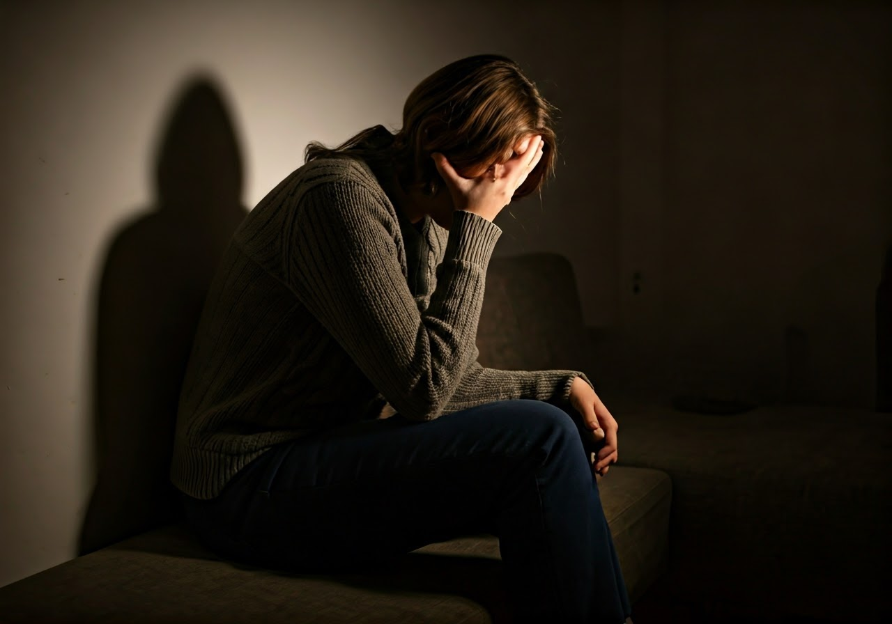 Person sitting in dimly-lit room.