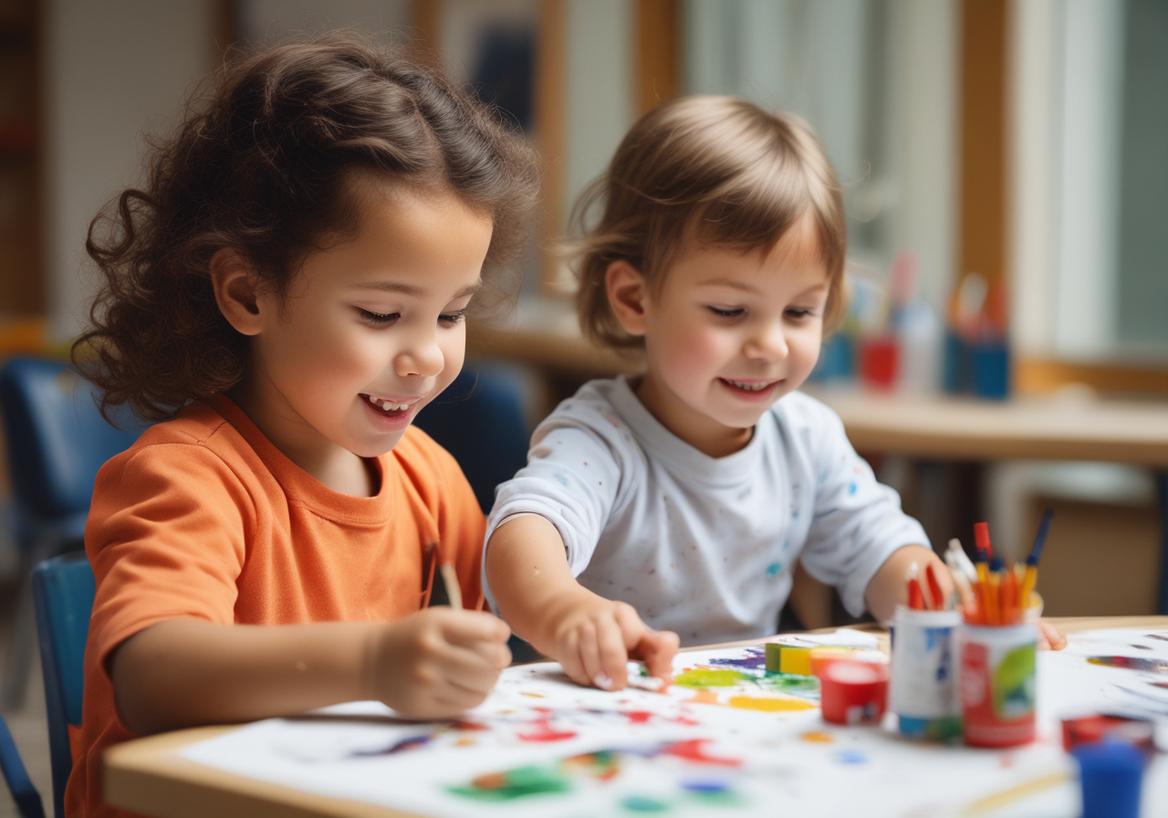 Creative child painting happily.