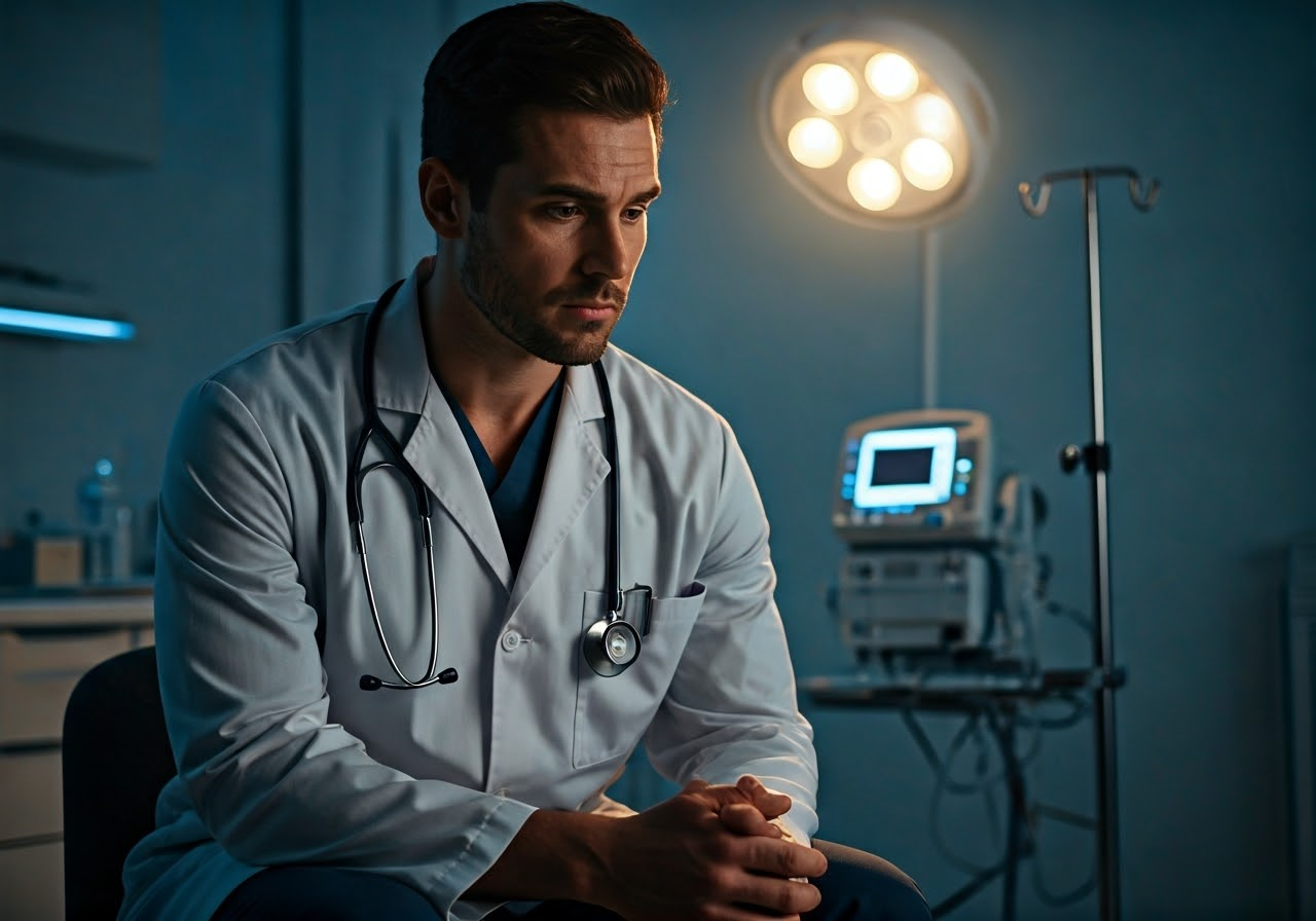 Doctor reflecting in a hospital.
