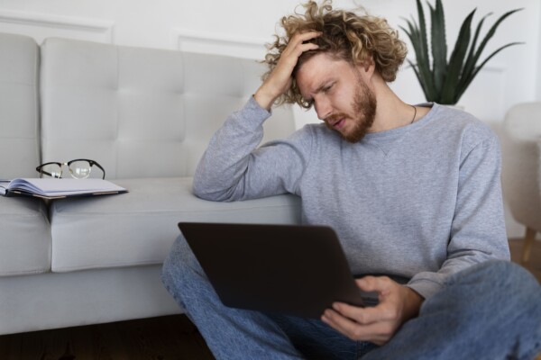 Anxious man sitting on the floor with one hand on his head