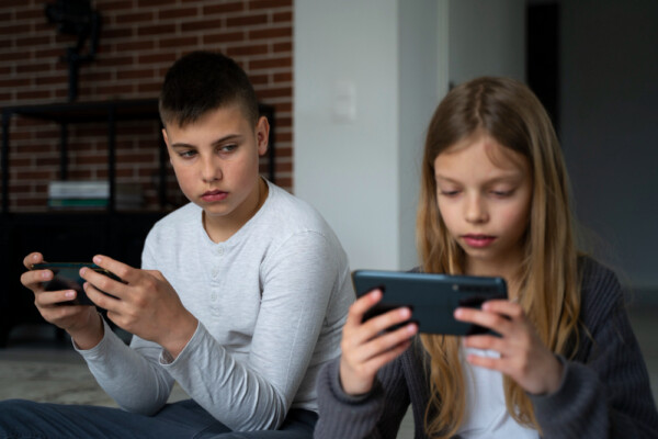 Medium shot kids playing games in smartphones Medium shot kids playing games in smartphones