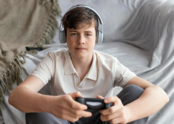 Boy playing videogame at home