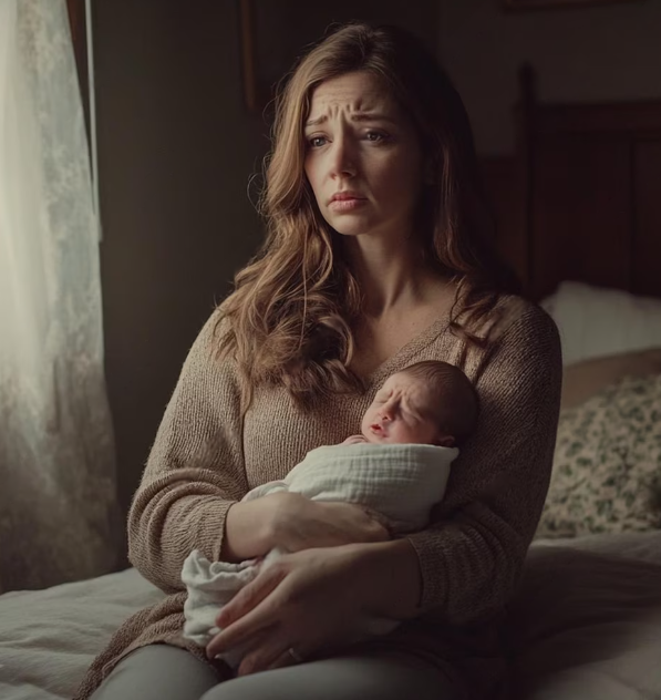 Overwhelmed new mother sitting by the baby, depicting postpartum depression.
