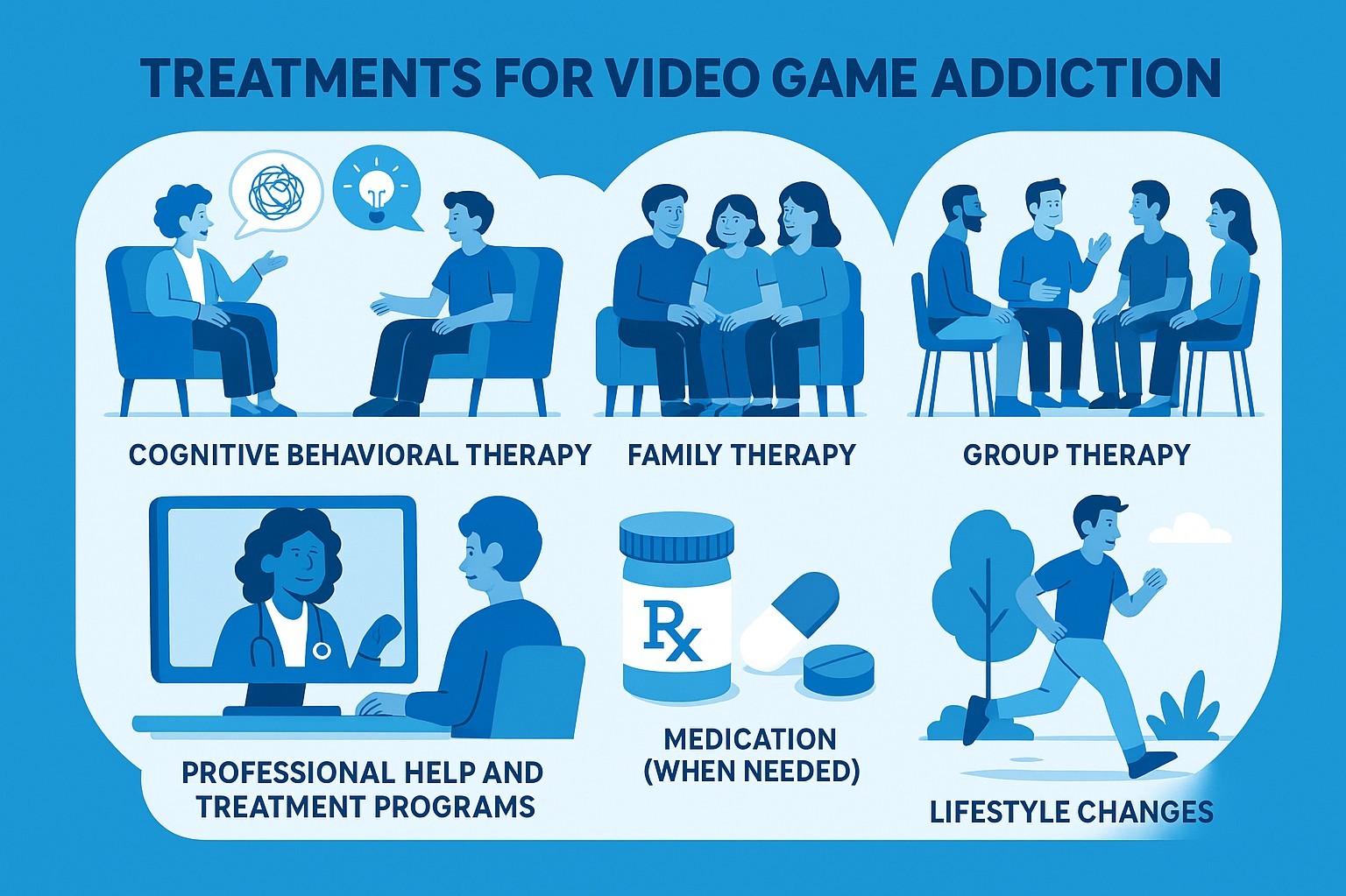 Illustration showing treatments for video game addiction