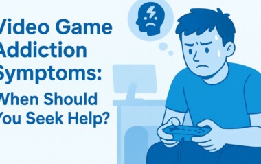 Blog banner showing title text and a worried gamer holding a controller with a sad thought bubble above his head