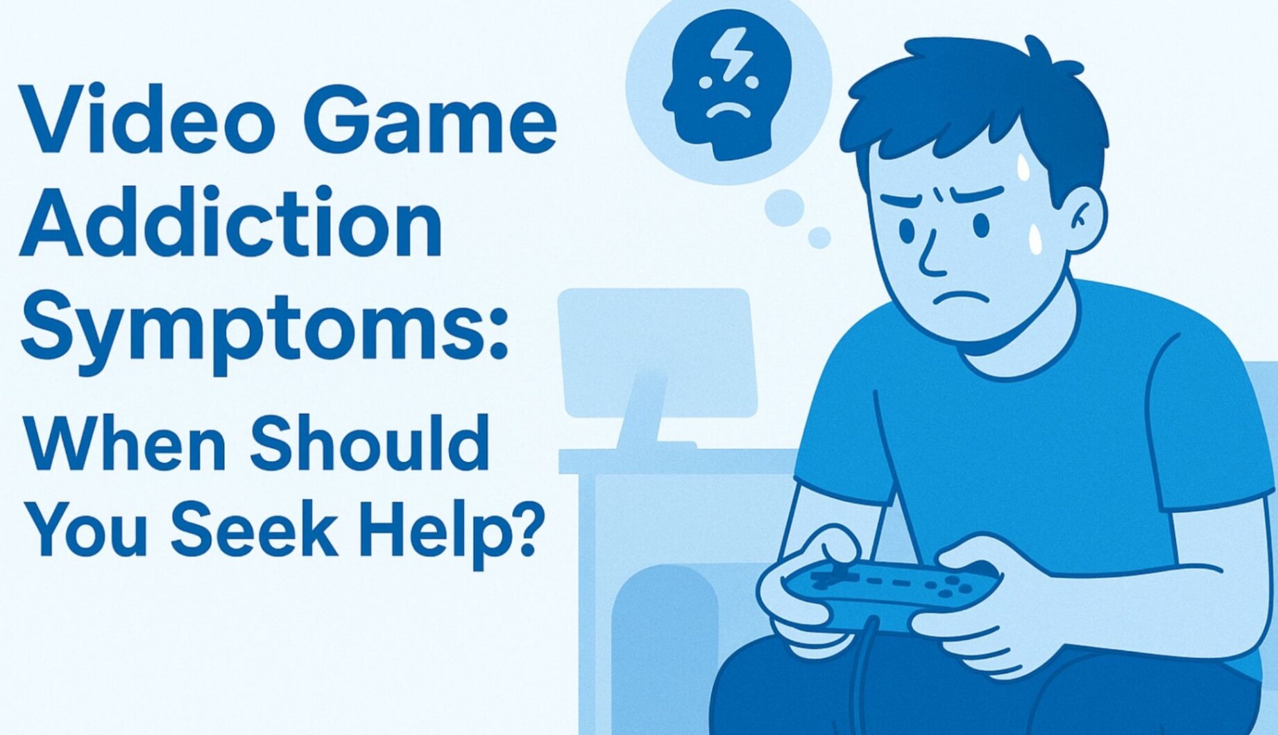 Blog banner showing title text and a worried gamer holding a controller with a sad thought bubble above his head