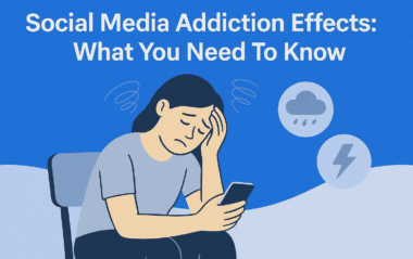 Blog banner showing title text and a worried girl holding a mobile phone