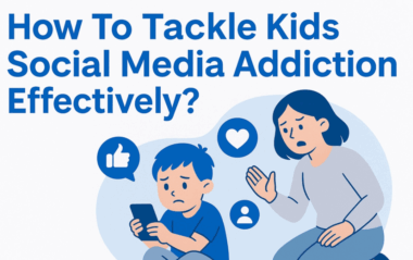 Blog banner showing title text and a child focused on phone with concerned parent and social media icons