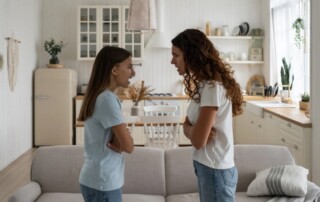 Two teenage girls arguing in a kitchen with tense body language.
