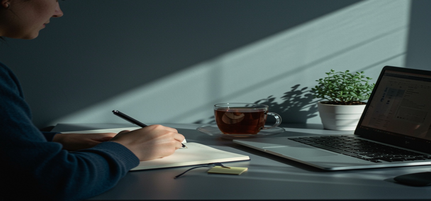 Person reflecting on mental health goals for 2026 with calming, minimalist background.