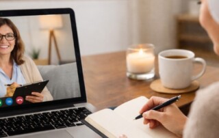 Woman attending an online talk therapy session on a laptop, speaking with a smiling licensed therapist while taking notes at home in a calm, comfortable setting.
