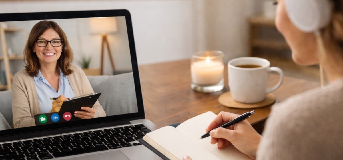 Woman attending an online talk therapy session on a laptop, speaking with a smiling licensed therapist while taking notes at home in a calm, comfortable setting.