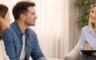 Couple sitting on a sofa during a counseling session, speaking with a therapist seated opposite them in a calm, professional therapy office setting.