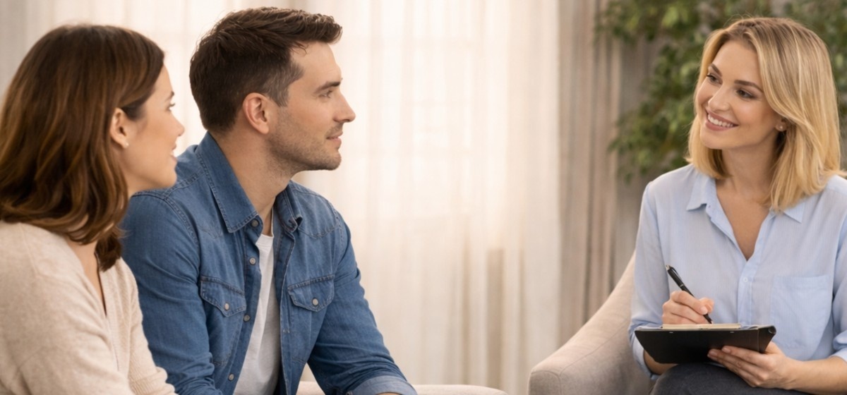 Couple sitting on a sofa during a counseling session, speaking with a therapist seated opposite them in a calm, professional therapy office setting.