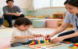 A warm and supportive therapy setting where a young child interacts with a therapist using toys, learning tools, and play-based activities during an early intervention autism therapy session.