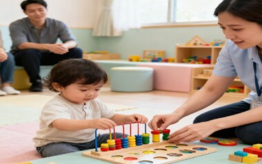 A warm and supportive therapy setting where a young child interacts with a therapist using toys, learning tools, and play-based activities during an early intervention autism therapy session.