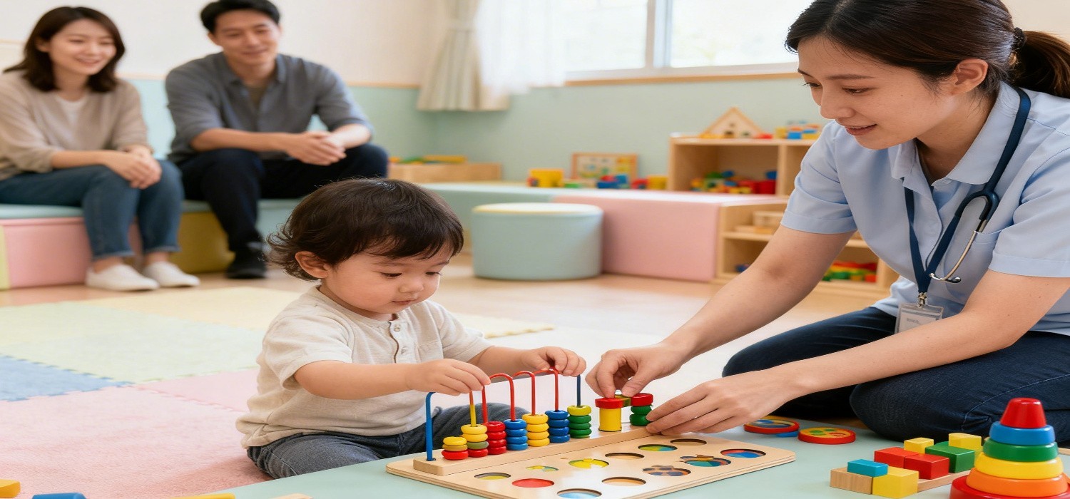 A warm and supportive therapy setting where a young child interacts with a therapist using toys, learning tools, and play-based activities during an early intervention autism therapy session.