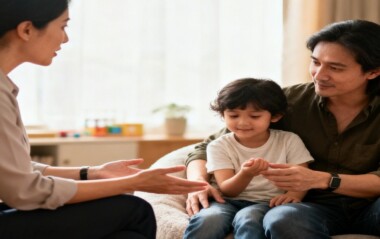 A warm family therapy setting where a therapist sits with a parent and child during an attachment based therapy session.
