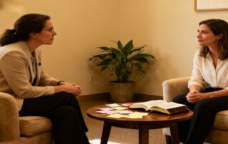 A peaceful counseling setting where a therapist sits with a client during a faith based counseling session.