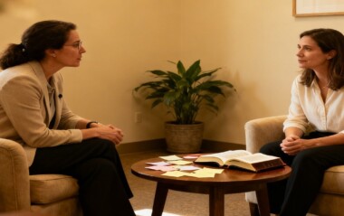 A peaceful counseling setting where a therapist sits with a client during a faith based counseling session.
