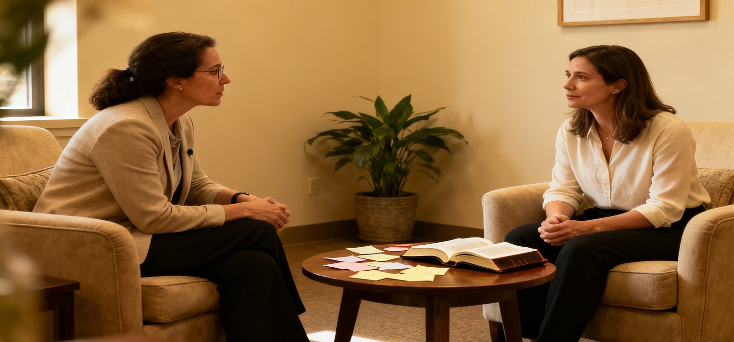 A peaceful counseling setting where a therapist sits with a client during a faith based counseling session.