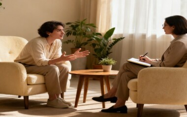 A quiet therapy office where a therapist and client sit in comfortable chairs during a psychodynamic therapy session. - Total Life Counseling for Children, Teens, Adolescents and Adults in Orlando Winter Park Clermont Lake Mary and Central Florida A quiet therapy office where a therapist and client sit in comfortable chairs during a psychodynamic therapy session.