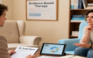 A calm counseling office where a therapist and a client sit across from each other during a therapy session.