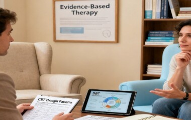 A calm counseling office where a therapist and a client sit across from each other during a therapy session. - Total Life Counseling for Children, Teens, Adolescents and Adults in Orlando Winter Park Clermont Lake Mary and Central Florida A calm counseling office where a therapist and a client sit across from each other during a therapy session.