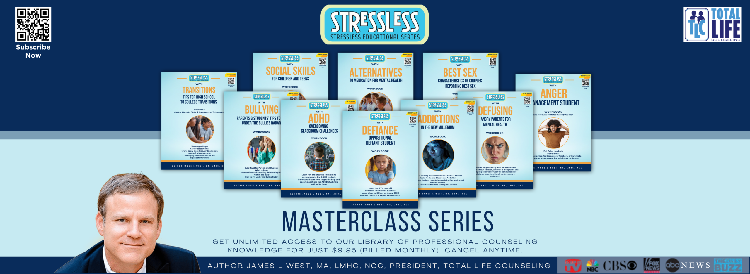 Promotional banner for Stressless Masterclass Series with book covers and Total Life Counseling logos, featuring a speaker at bottom left.