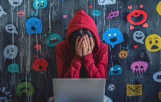 Young person in a red hoodie sits with head in hands over a laptop, surrounded by colorful emoji graffiti on a dark wall, conveying online distress or cyberbullying.