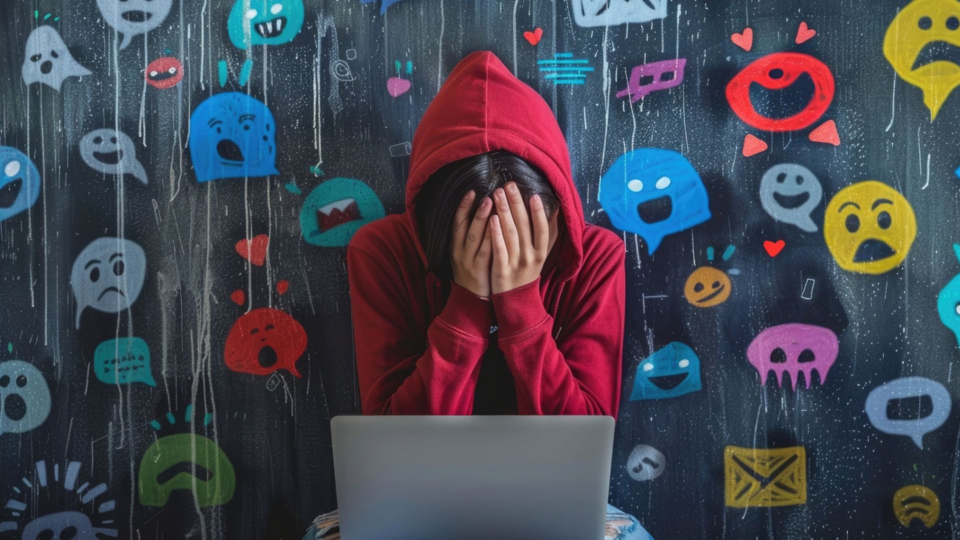 Young person in a red hoodie sits with head in hands over a laptop, surrounded by colorful emoji graffiti on a dark wall, conveying online distress or cyberbullying.