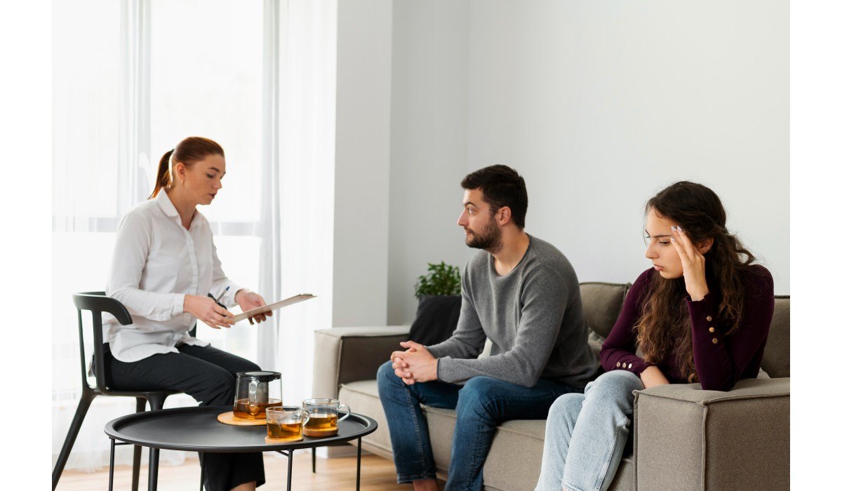 image – 2026-05-12T175017312 - Total Life Counseling for Children, Teens, Adolescents and Adults in Orlando Winter Park Clermont Lake Mary and Central Florida Therapist with clipboard talking to a man and a distressed woman seated on a sofa during a counseling session.