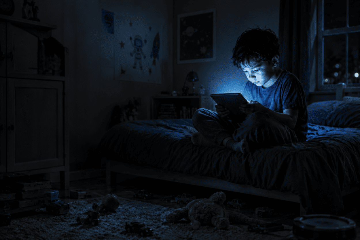 Cover image showcasing a boy focuesd on his tab in a dark room