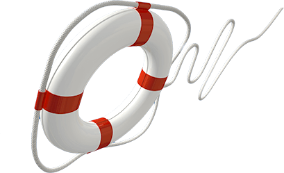 White lifebuoy with red stripes and a coiled white rope around it.