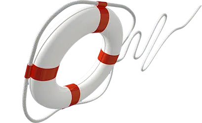 White lifebuoy with red stripes and a coiled white rope around it.